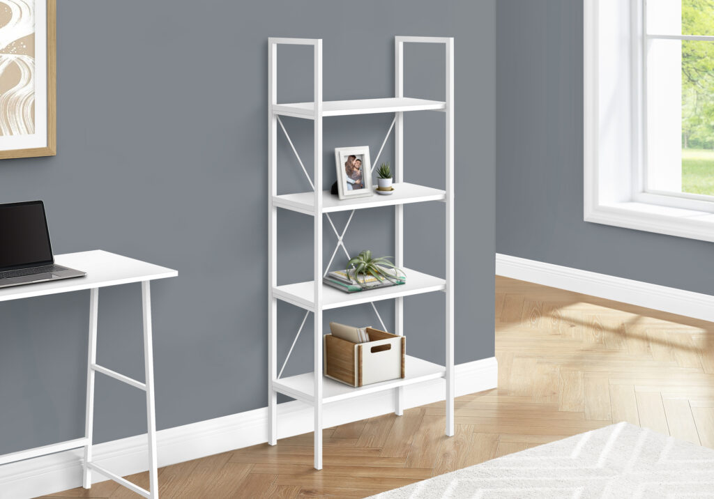 Bookshelf, Bookcase, 4 Tier, 48″H, Office, Bedroom, White Laminate, White Metal, Contemporary, Modern
