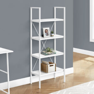 Bookshelf, Bookcase, 4 Tier, 48"H, Office, Bedroom, White Laminate, White Metal, Contemporary, Modern