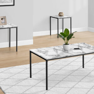 Table Set, 3pcs Set, Coffee, End, Black Metal, White Marble Look Laminate, Contemporary, Modern