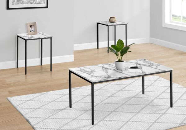 Table Set, 3pcs Set, Coffee, End, Black Metal, White Marble Look Laminate, Contemporary, Modern
