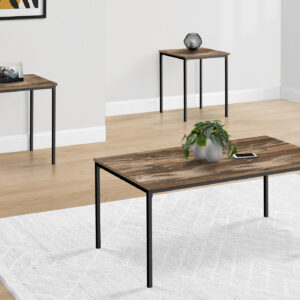 Table Set, 3pcs Set, Coffee, End, Black Metal, Brown Reclaimed Laminate, Contemporary, Modern
