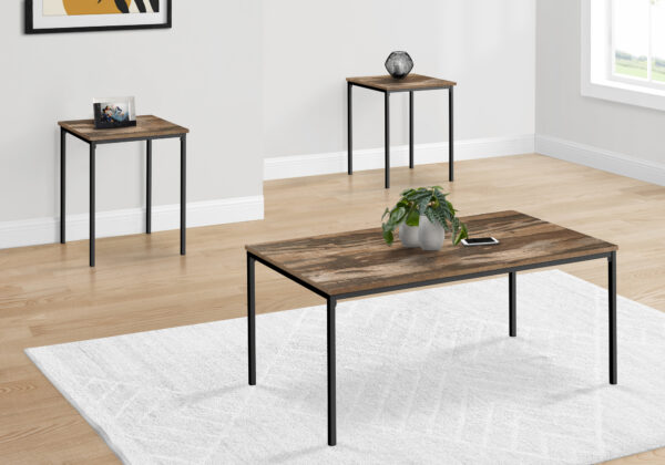 Table Set, 3pcs Set, Coffee, End, Black Metal, Brown Reclaimed Laminate, Contemporary, Modern