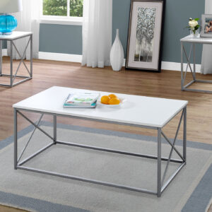 Table Set, 3pcs Set, Coffee, End, Side, Accent, Living Room, White Laminate, Grey Metal, Contemporary, Modern
