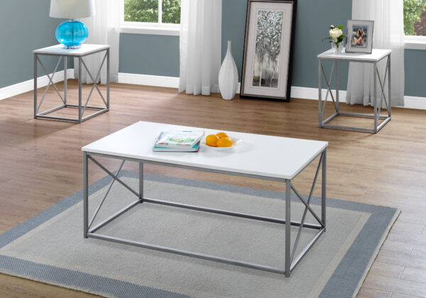 Table Set, 3pcs Set, Coffee, End, Side, Accent, Living Room, White Laminate, Grey Metal, Contemporary, Modern
