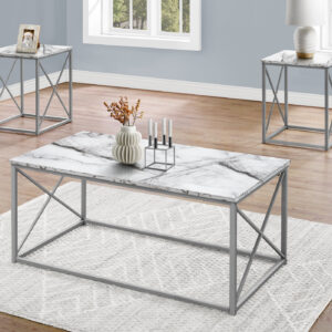 Table Set, 3pcs Set, Coffee, End, Side, Accent, Living Room, White Marble Look Laminate, Grey Metal, Contemporary, Modern