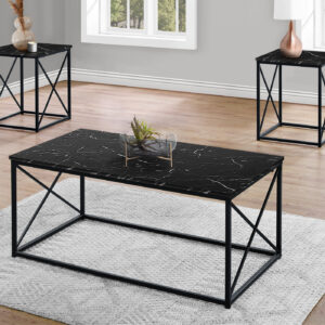 Table Set, 3pcs Set, Coffee, End, Side, Accent, Living Room, Black Marble Look Laminate, Black Metal, Contemporary, Modern