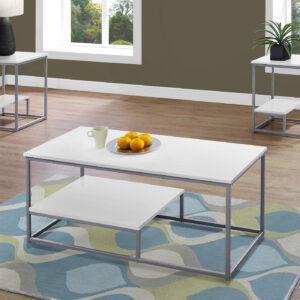 Table Set, 3pcs Set, Coffee, End, Side, Accent, Living Room, White Laminate, Grey Metal, Contemporary, Modern