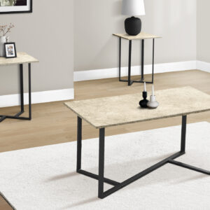 Table Set, 3pcs Set, Coffee, End, Living Room, Cream Stone Laminate, Black Metal, Contemporary, Modern