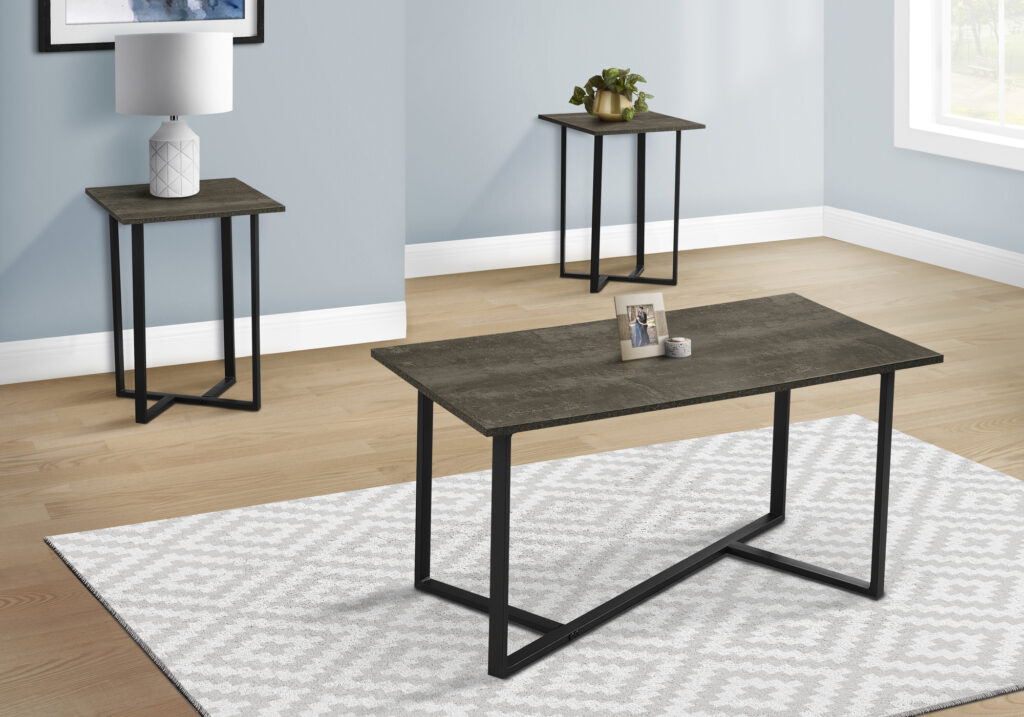 Table Set, 3pcs Set, Coffee, End, Living Room, Dark Bronze Laminate, Black Metal, Contemporary, Modern