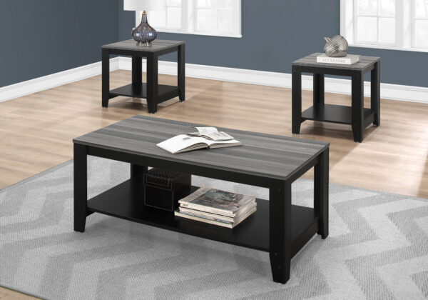Table Set, 3pcs Set, Coffee, End, Side, Accent, Living Room, Black And Grey Laminate, Transitional
