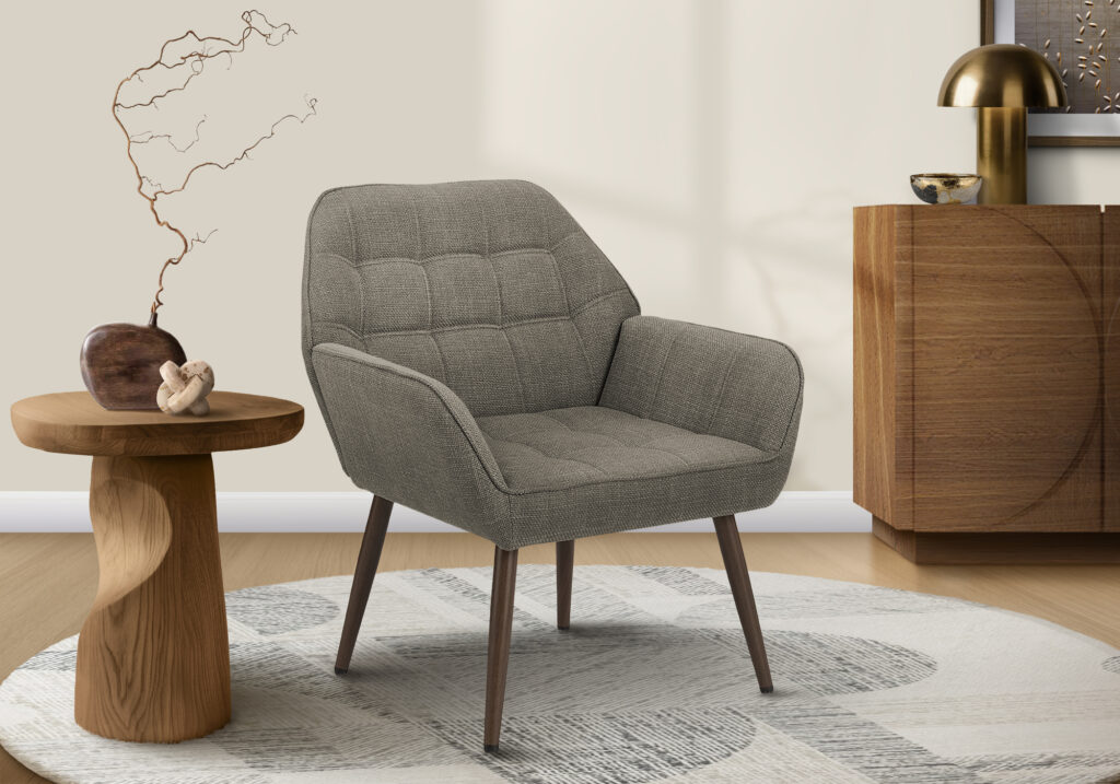 Accent Chair, 29″H, Upholstered, Living Room, Light Brown Fabric, Walnut Metal Legs, Contemporary, Modern