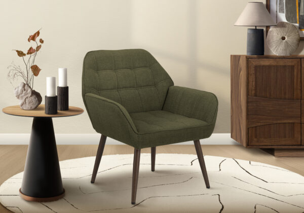 Accent Chair, 29″H, Upholstered, Living Room, Dark Green Fabric, Walnut Metal Legs, Contemporary, Modern