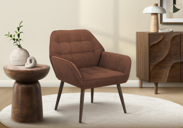 Accent Chair, 29″H, Upholstered, Living Room, Rust Fabric, Walnut Metal Legs, Contemporary, Modern