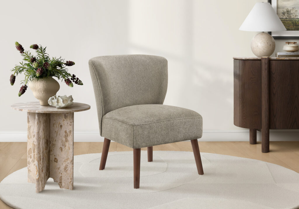 Accent Chair, 33″ H, Upholstered, Living Room, Bedroom, Light Brown Fabric, Walnut Solid Wood Legs, Mid Century, Modern