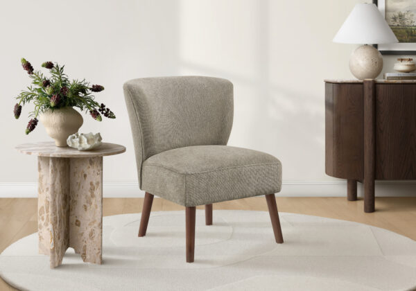 Accent Chair, 33″ H, Upholstered, Living Room, Bedroom, Light Brown Fabric, Walnut Solid Wood Legs, Mid Century, Modern