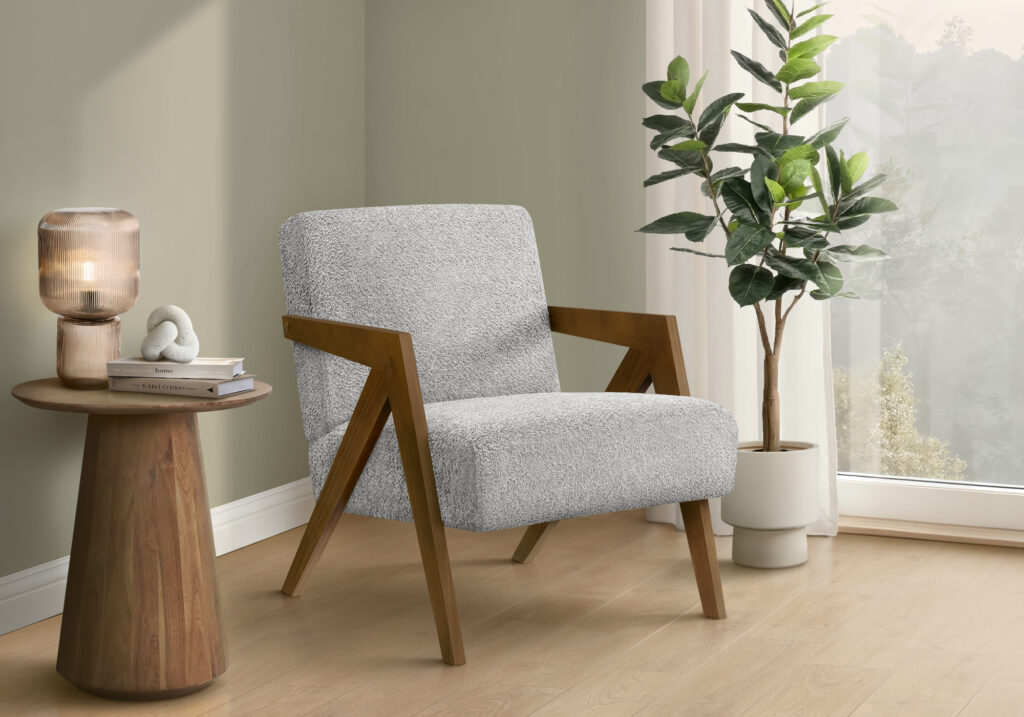 Accent Chair, 30″H, Upholstered, Living Room, Bedroom, Light Grey Fabric, Brown Walnut Solid Wood, Modern, Mid Century