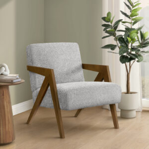 Accent Chair, 30"H, Upholstered, Living Room, Bedroom, Light Grey Fabric, Brown Walnut Solid Wood, Modern, Mid Century