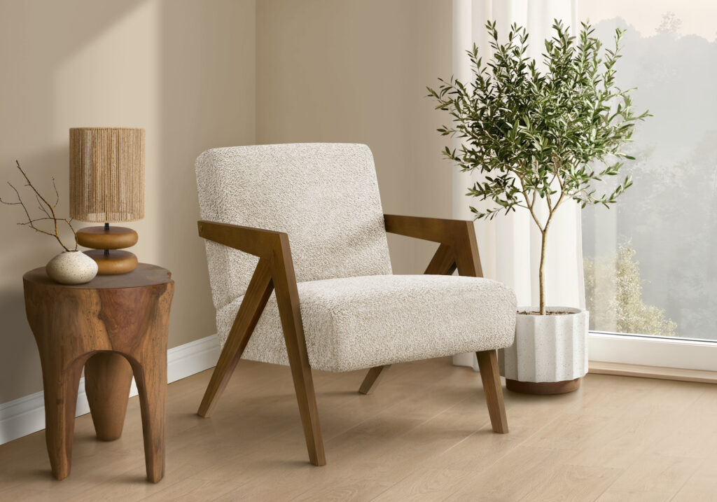 Accent Chair, 30″H, Upholstered, Living Room, Bedroom, Cream Fabric, Brown Walnut Solid Wood, Modern, Mid Century
