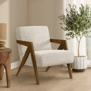 Accent Chair, 30"H, Upholstered, Living Room, Bedroom, Cream Fabric, Brown Walnut Solid Wood, Modern, Mid Century