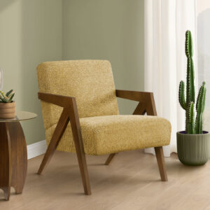 Accent Chair, 30"H, Upholstered, Living Room, Bedroom, Yellow Fabric, Brown Walnut Solid Wood, Modern, Mid Century