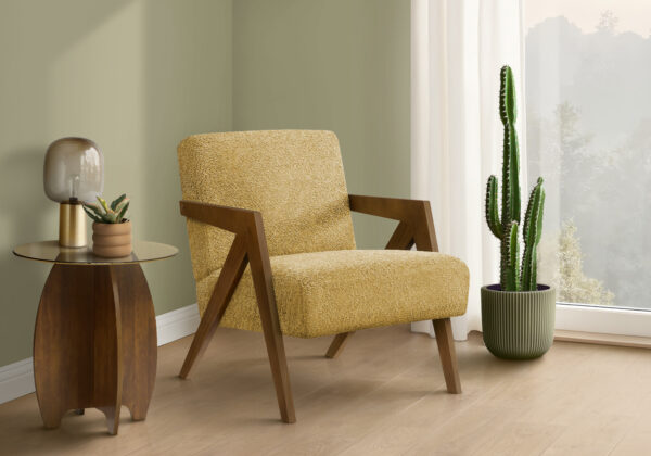 Accent Chair, 30″H, Upholstered, Living Room, Bedroom, Yellow Fabric, Brown Walnut Solid Wood, Modern, Mid Century