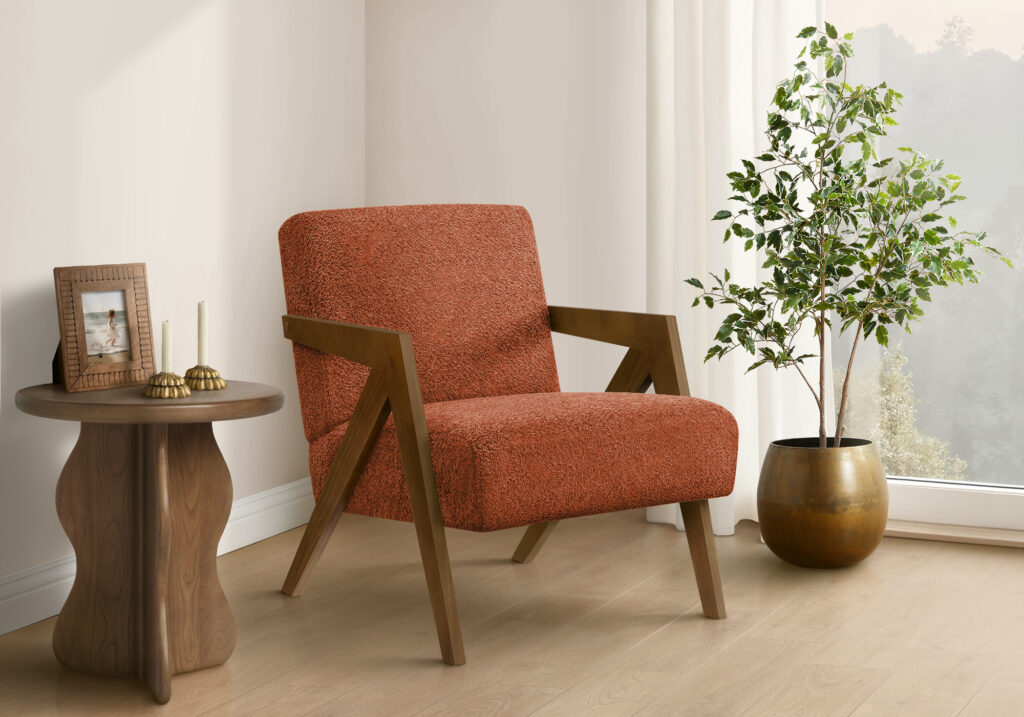 Accent Chair, 30″H, Upholstered, Living Room, Bedroom, Red Fabric, Brown Walnut Solid Wood, Modern, Mid Century