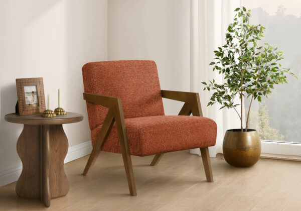 Accent Chair, 30″H, Upholstered, Living Room, Bedroom, Red Fabric, Brown Walnut Solid Wood, Modern, Mid Century
