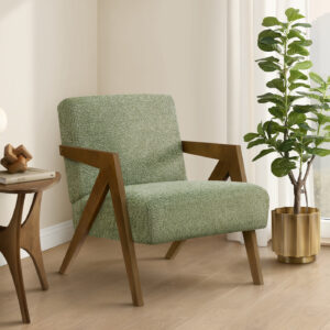 Accent Chair, 30"H, Upholstered, Living Room, Bedroom, Green Fabric, Brown Walnut Solid Wood, Modern, Mid Century