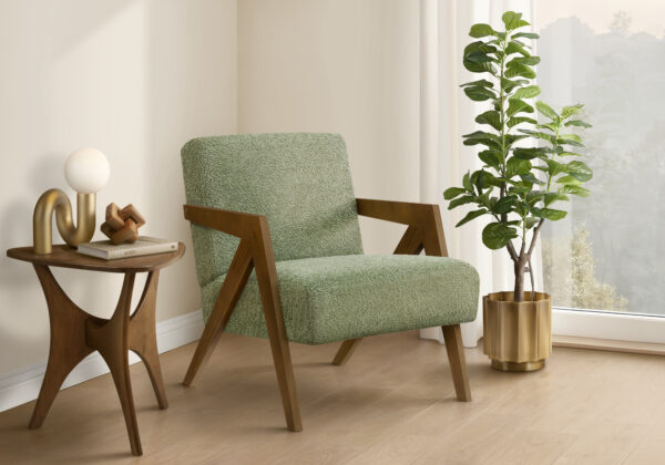 Accent Chair, 30″H, Upholstered, Living Room, Bedroom, Green Fabric, Brown Walnut Solid Wood, Modern, Mid Century