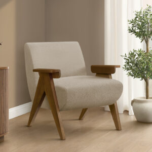 Accent Chair, 31"H, Upholstered, Living Room, Bedroom, Beige Fabric, Brown Walnut Solid Wood, Modern, Mid Century