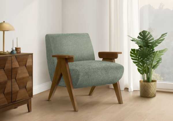 Accent Chair, 31″H, Upholstered, Living Room, Bedroom, Green Fabric, Brown Walnut Solid Wood, Modern, Mid Century