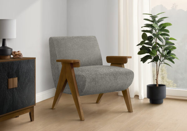 Accent Chair, 31″H, Upholstered, Living Room, Bedroom, Dark Grey Fabric, Brown Walnut Solid Wood, Modern, Mid Century