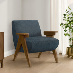 Accent Chair, 31"H, Upholstered, Living Room, Bedroom, Blue Fabric, Brown Walnut Solid Wood, Modern, Mid Century