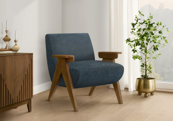 Accent Chair, 31″H, Upholstered, Living Room, Bedroom, Blue Fabric, Brown Walnut Solid Wood, Modern, Mid Century