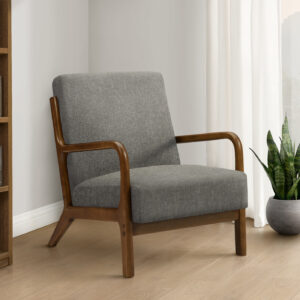 Accent Chair, 34"H, Upholstered, Living Room, Bedroom, Dark Grey Fabric, Brown Walnut Solid Wood, Modern, Mid Century