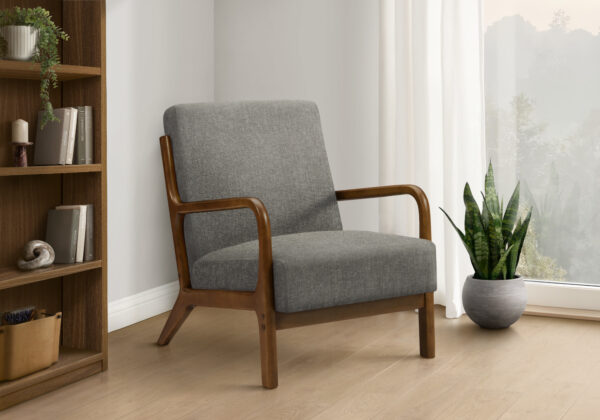 Accent Chair, 34″H, Upholstered, Living Room, Bedroom, Dark Grey Fabric, Brown Walnut Solid Wood, Modern, Mid Century
