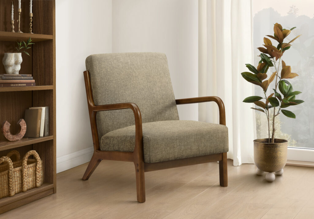 Accent Chair, 34″H, Upholstered, Living Room, Bedroom, Light Brown Fabric, Brown Walnut Solid Wood, Modern, Mid Century