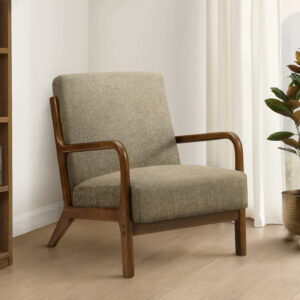 Accent Chair, 34"H, Upholstered, Living Room, Bedroom, Light Brown Fabric, Brown Walnut Solid Wood, Modern, Mid Century