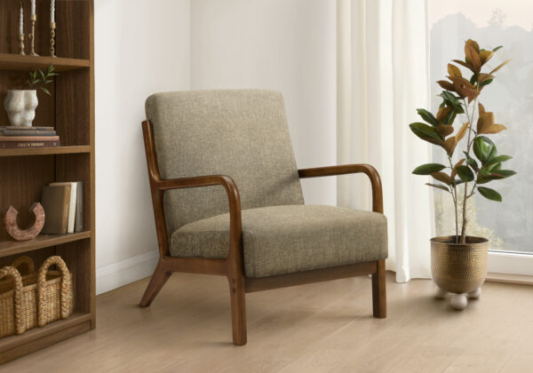 Accent Chair, 34″H, Upholstered, Living Room, Bedroom, Light Brown Fabric, Brown Walnut Solid Wood, Modern, Mid Century
