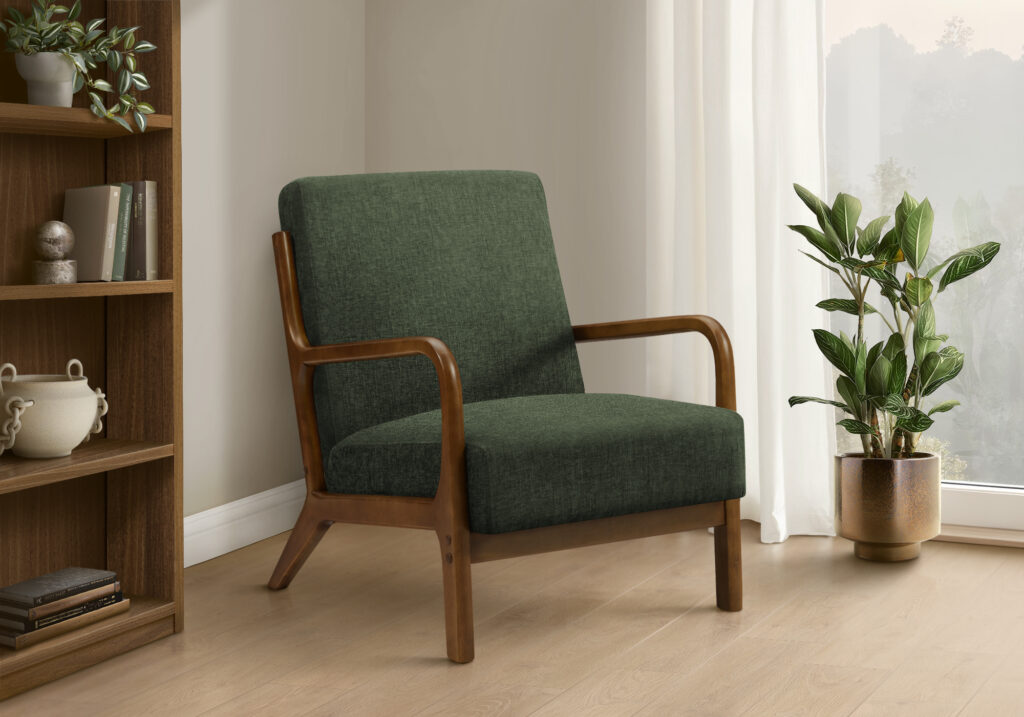 Accent Chair, 34″H, Upholstered, Living Room, Bedroom, Green Fabric, Brown Walnut Solid Wood, Modern, Mid Century