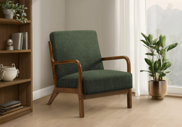 Accent Chair, 34″H, Upholstered, Living Room, Bedroom, Green Fabric, Brown Walnut Solid Wood, Modern, Mid Century