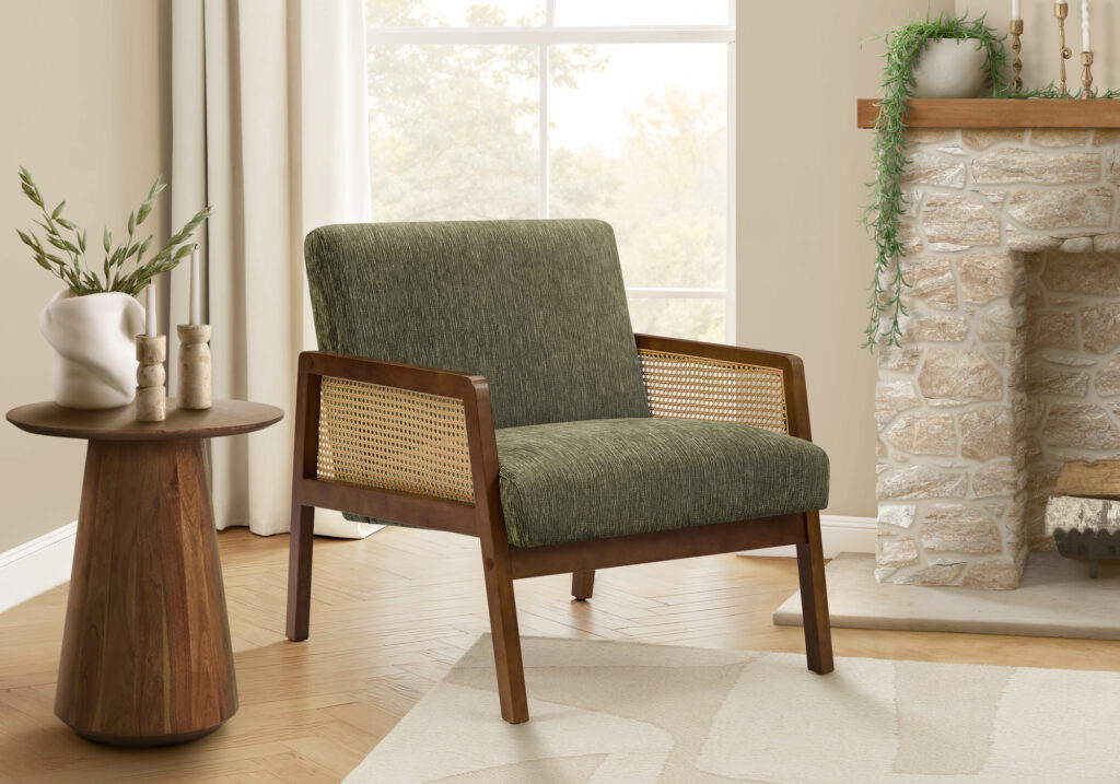 Accent Chair, 30″H, Upholstered, Living Room, Bedroom, Green Fabric, Brown Walnut Solid Wood, Modern, Mid Century