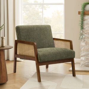 Accent Chair, 30"H, Upholstered, Living Room, Bedroom, Green Fabric, Brown Walnut Solid Wood, Modern, Mid Century
