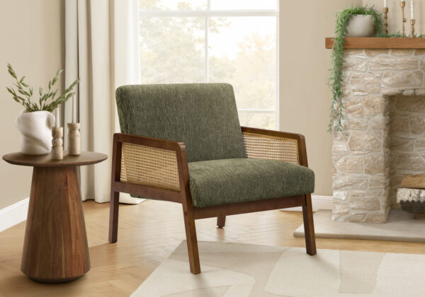 Accent Chair, 30″H, Upholstered, Living Room, Bedroom, Green Fabric, Brown Walnut Solid Wood, Modern, Mid Century