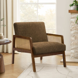 Accent Chair, 30"H, Upholstered, Living Room, Bedroom, Brown Fabric, Brown Walnut Solid Wood, Modern, Mid Century
