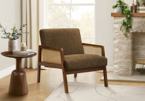 Accent Chair, 30″H, Upholstered, Living Room, Bedroom, Brown Fabric, Brown Walnut Solid Wood, Modern, Mid Century