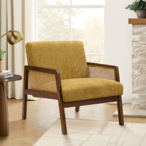 Accent Chair, 30"H, Upholstered, Living Room, Bedroom, Gold Fabric, Brown Walnut Solid Wood, Modern, Mid Century