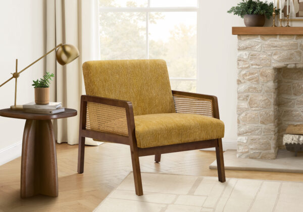 Accent Chair, 30″H, Upholstered, Living Room, Bedroom, Gold Fabric, Brown Walnut Solid Wood, Modern, Mid Century