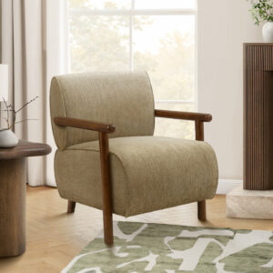 Accent Chair, 31"H, Upholstered, Living Room, Bedroom, Light Brown Fabric, Brown Walnut Solid Wood, Modern, Mid Century