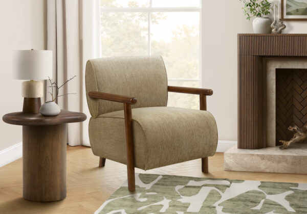 Accent Chair, 31″H, Upholstered, Living Room, Bedroom, Light Brown Fabric, Brown Walnut Solid Wood, Modern, Mid Century
